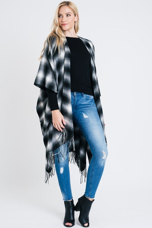 Plaid Open Front Poncho with Fringe Detail
