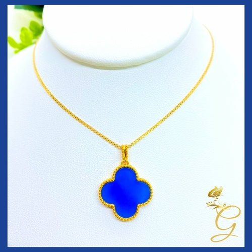 18K Real Gold Blue 20mm Cloverleaf Necklace 18”