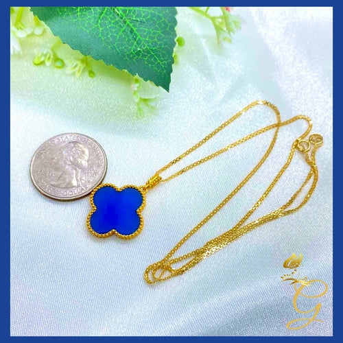 18K Real Gold Blue 20mm Cloverleaf Necklace 18”